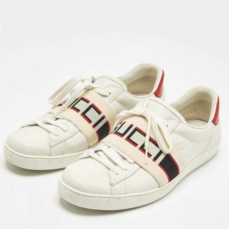 Pre Owned Gucci White Leather New Ace Logo Strap Sneaker Size 44