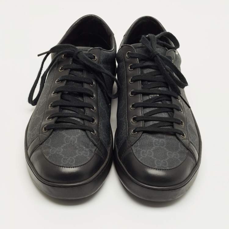 Pre Owned Gucci Black GG Canvas and Leather Lace Up Sneakers Size 45