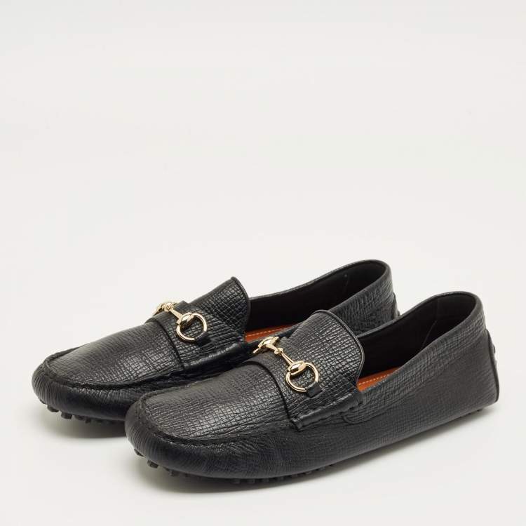 Pre Owned Gucci Black Leather Horsebit Web Detail Driver Loafers Size 46.5