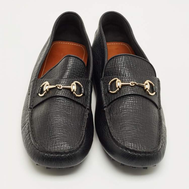 Pre Owned Gucci Black Leather Horsebit Web Detail Driver Loafers Size 46.5