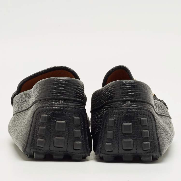 Pre Owned Gucci Black Leather Horsebit Web Detail Driver Loafers Size 46.5