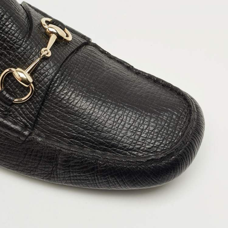 Pre Owned Gucci Black Leather Horsebit Web Detail Driver Loafers Size 46.5