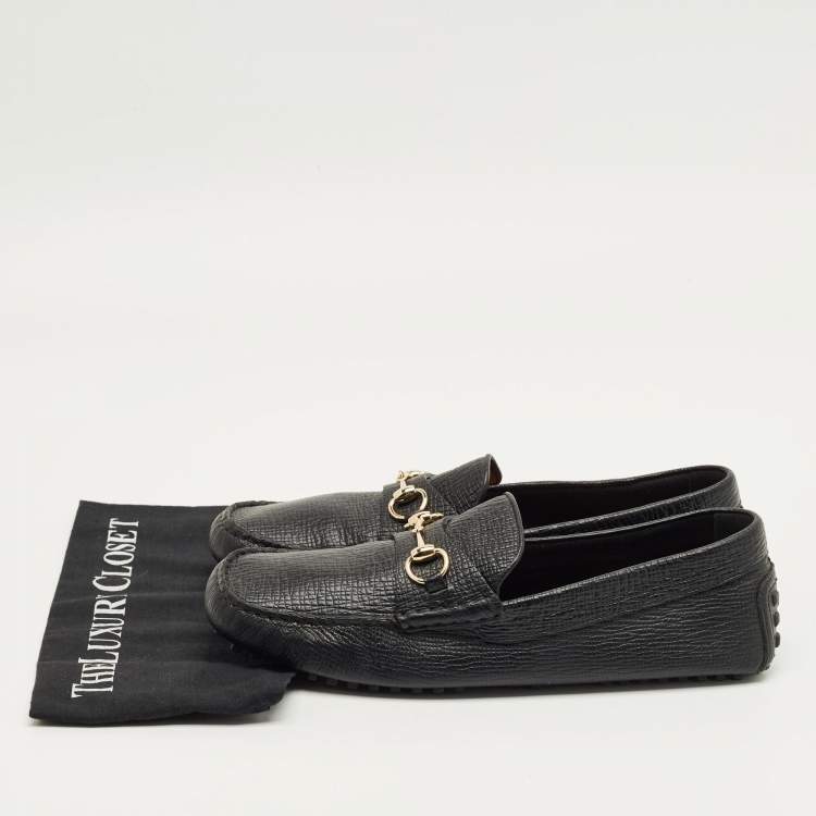 Pre Owned Gucci Black Leather Horsebit Web Detail Driver Loafers Size 46.5