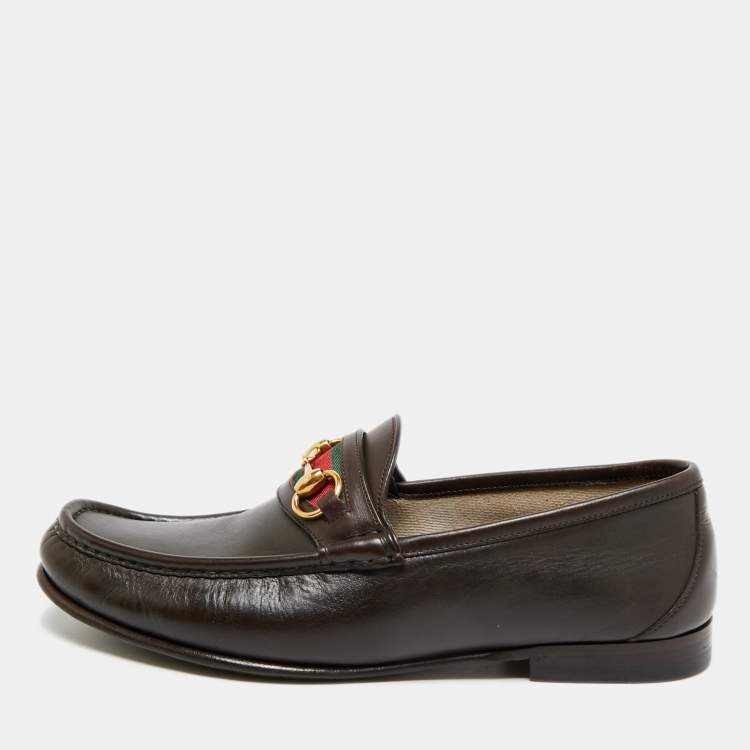 Pre Owned Gucci Horsebit Web Size 42.5 Dark Brown Leather Loafers