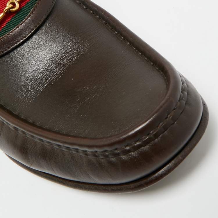 Pre Owned Gucci Horsebit Web Size 42.5 Dark Brown Leather Loafers