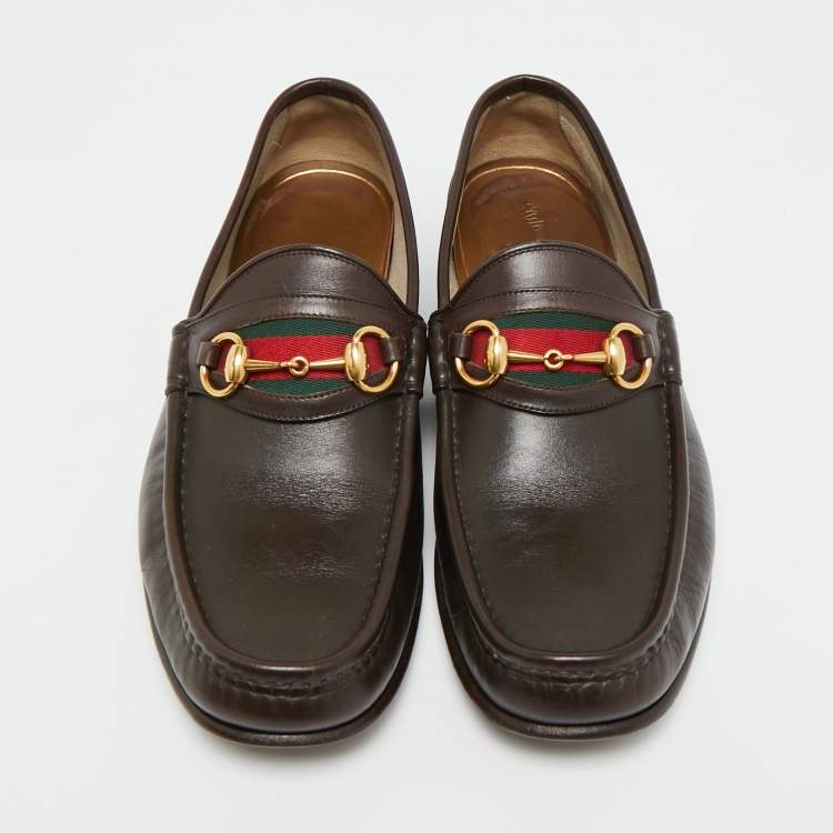 Pre Owned Gucci Horsebit Web Size 42.5 Dark Brown Leather Loafers