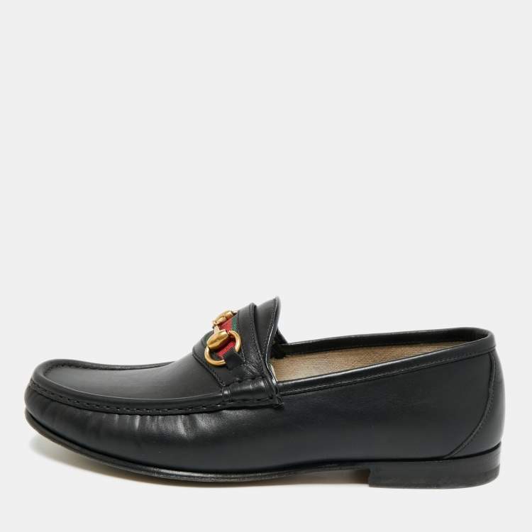 Pre Owned Gucci Horsebit Web Size 42.5 Black Leather Loafers
