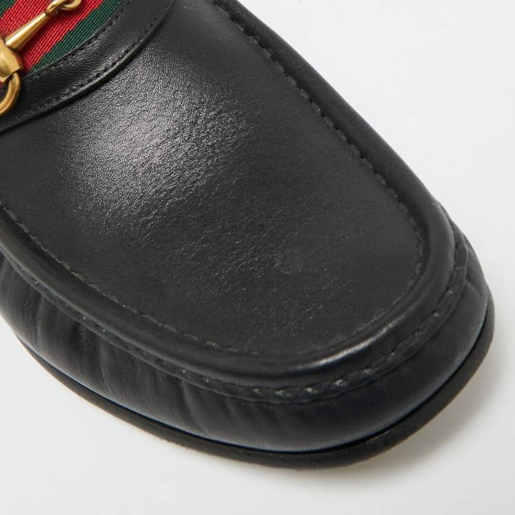 Pre Owned Gucci Horsebit Web Size 42.5 Black Leather Loafers