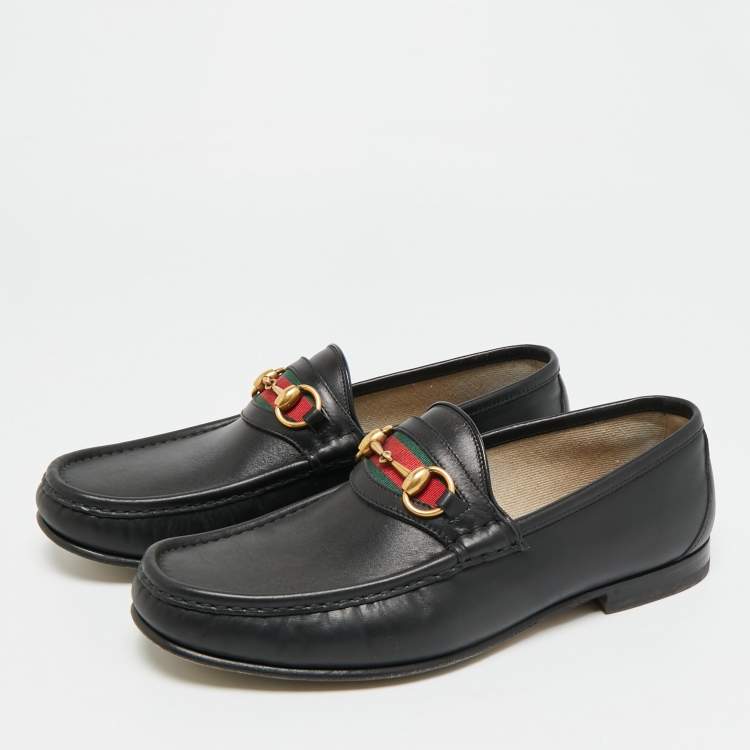 Pre Owned Gucci Horsebit Web Size 42.5 Black Leather Loafers