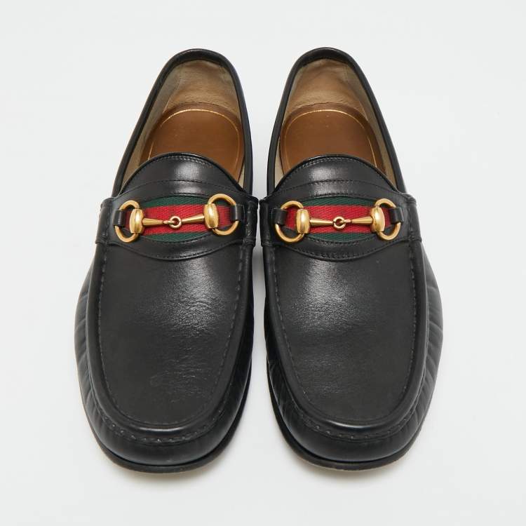 Pre Owned Gucci Horsebit Web Size 42.5 Black Leather Loafers