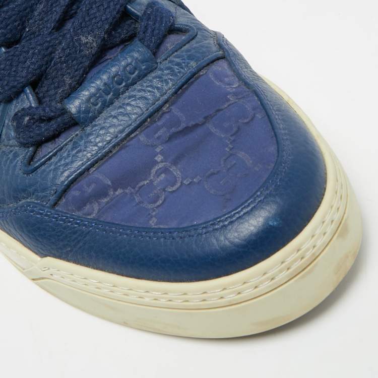Pre Owned Gucci Guccissima Size 43.5 Blue GG Nylon and Leather High Top Sneakers