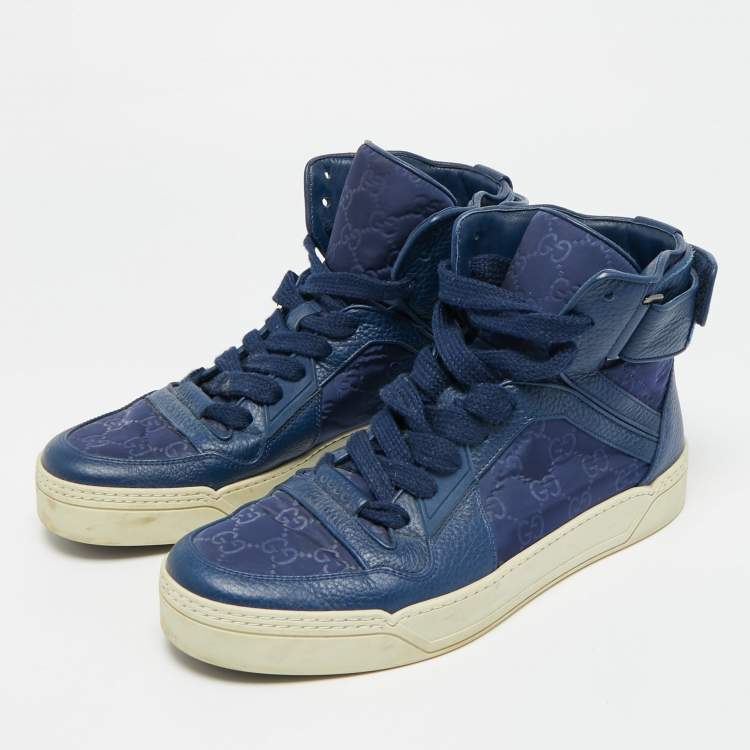 Pre Owned Gucci Guccissima Size 43.5 Blue GG Nylon and Leather High Top Sneakers
