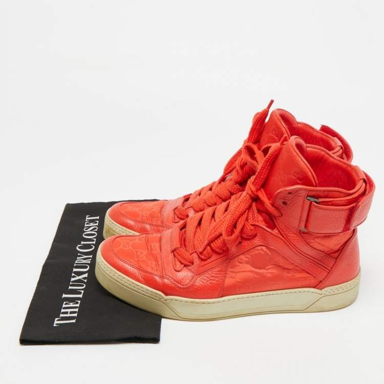 Pre Owned Gucci Guccissima Size 43.5 Red GG Nylon and Leather High Top Sneakers