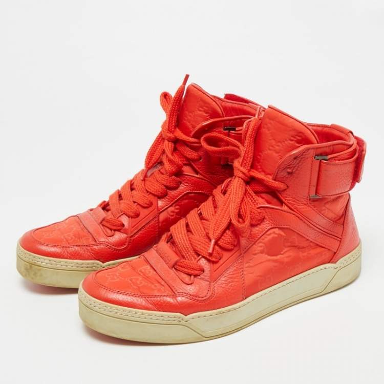 Pre Owned Gucci Guccissima Size 43.5 Red GG Nylon and Leather High Top Sneakers