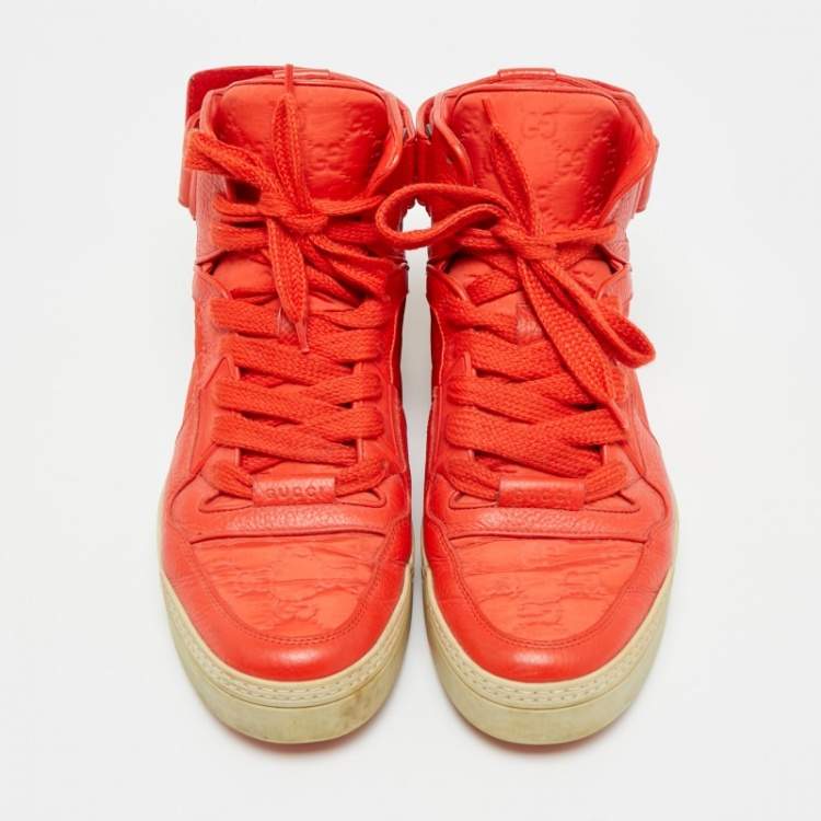 Pre Owned Gucci Guccissima Size 43.5 Red GG Nylon and Leather High Top Sneakers