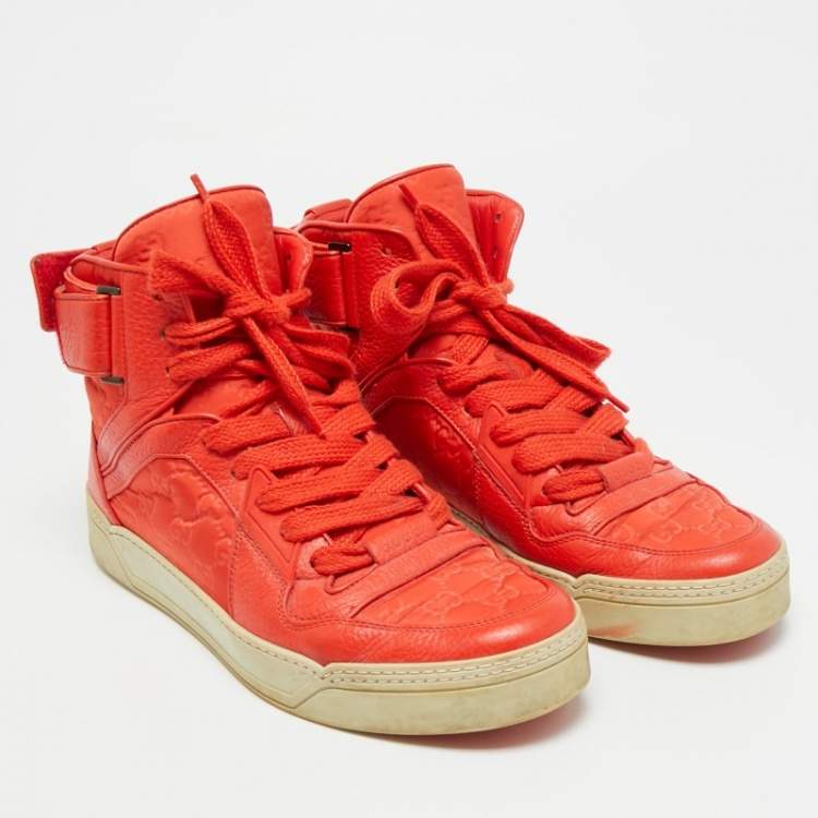 Pre Owned Gucci Guccissima Size 43.5 Red GG Nylon and Leather High Top Sneakers