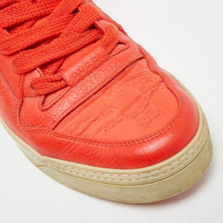 Pre Owned Gucci Guccissima Size 43.5 Red GG Nylon and Leather High Top Sneakers