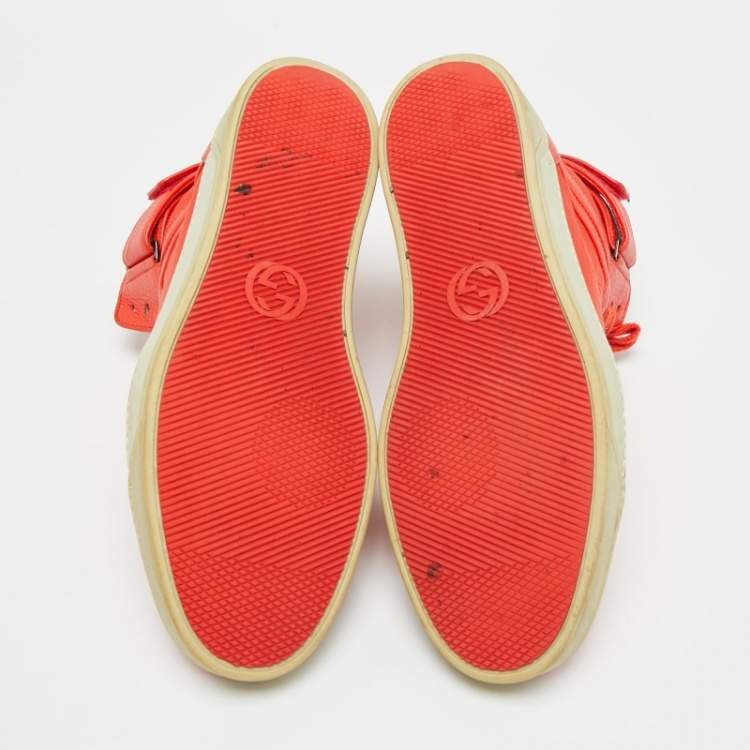 Pre Owned Gucci Guccissima Size 43.5 Red GG Nylon and Leather High Top Sneakers
