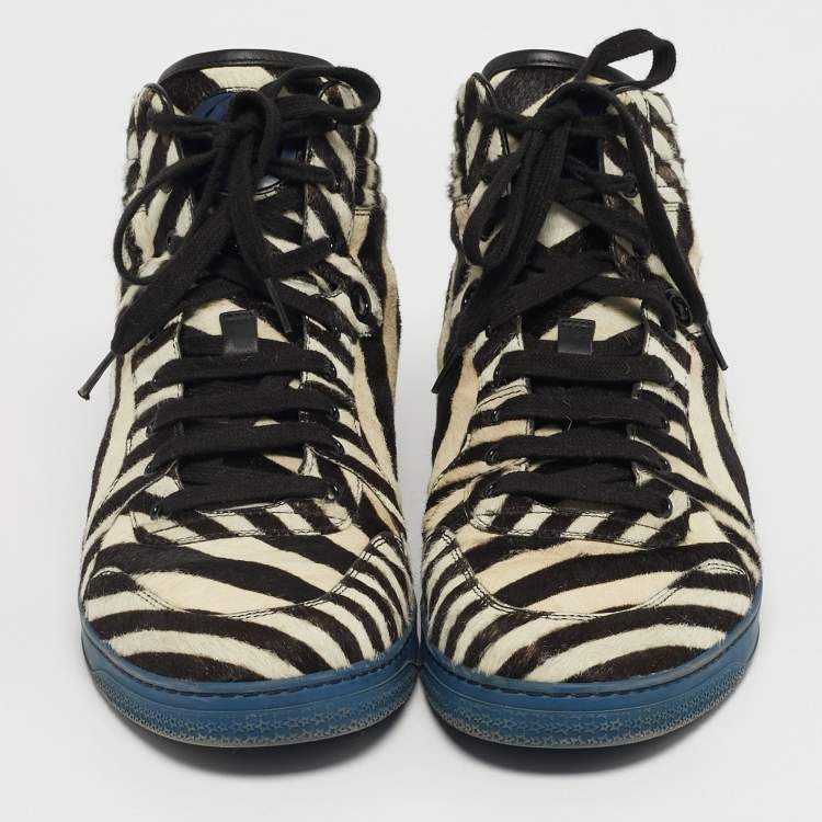 مملوكة مسبقًا Gucci Size 44 Brown/White Calf Hair Zebra Print High Top Sneakers