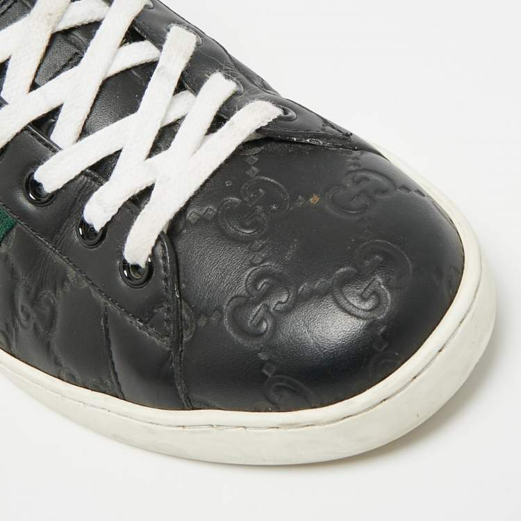 Pre Owned Gucci Ace Web Size 41 Black Guccissima Leather Low Top Sneakers