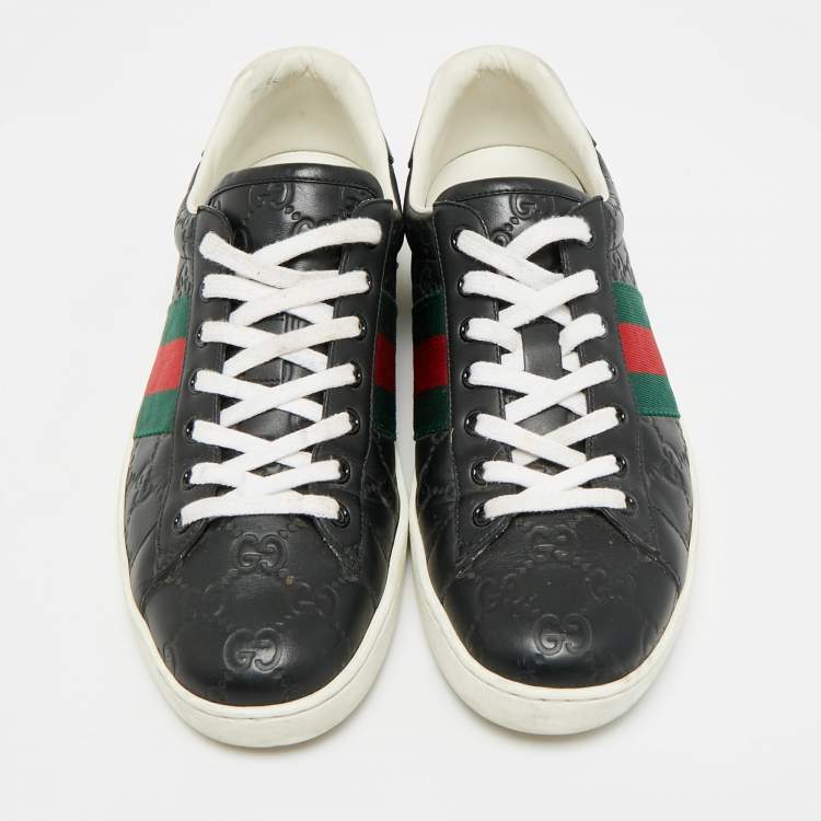 Pre Owned Gucci Ace Web Size 41 Black Guccissima Leather Low Top Sneakers