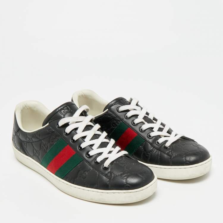 Pre Owned Gucci Ace Web Size 41 Black Guccissima Leather Low Top Sneakers