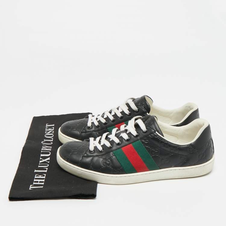 Pre Owned Gucci Ace Web Size 41 Black Guccissima Leather Low Top Sneakers