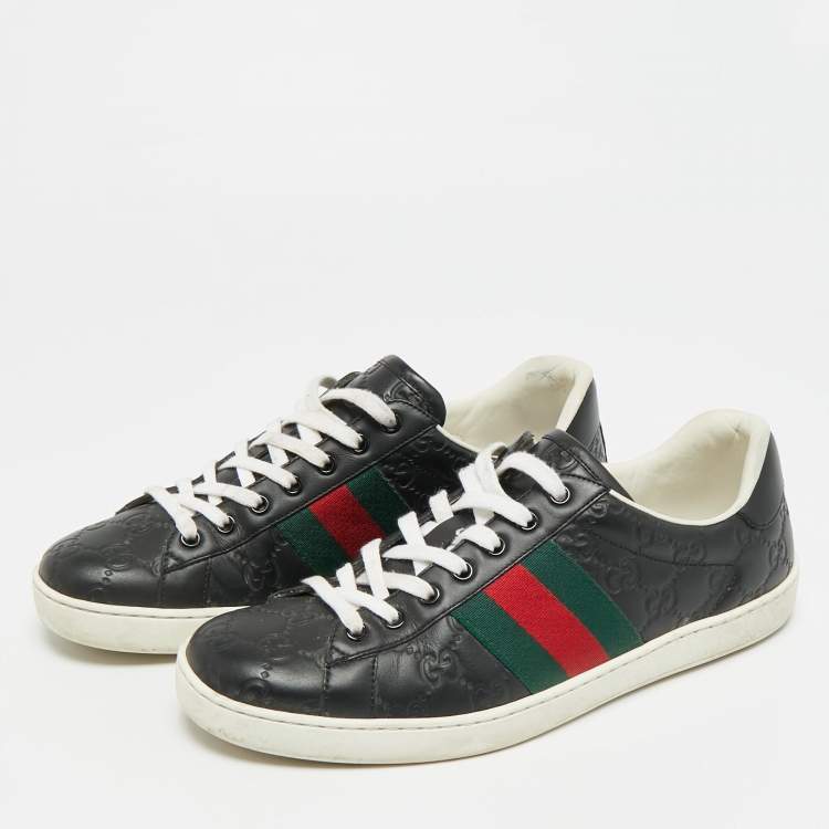 Pre Owned Gucci Ace Web Size 41 Black Guccissima Leather Low Top Sneakers