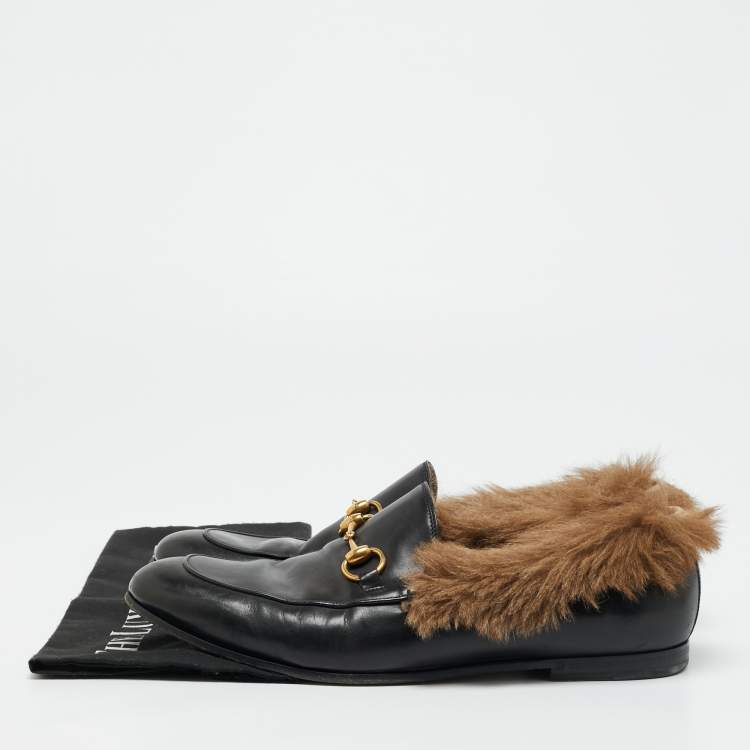 Pre Owned Gucci Princetown Size 42.5 Black Leather and Mink Fur Loafers