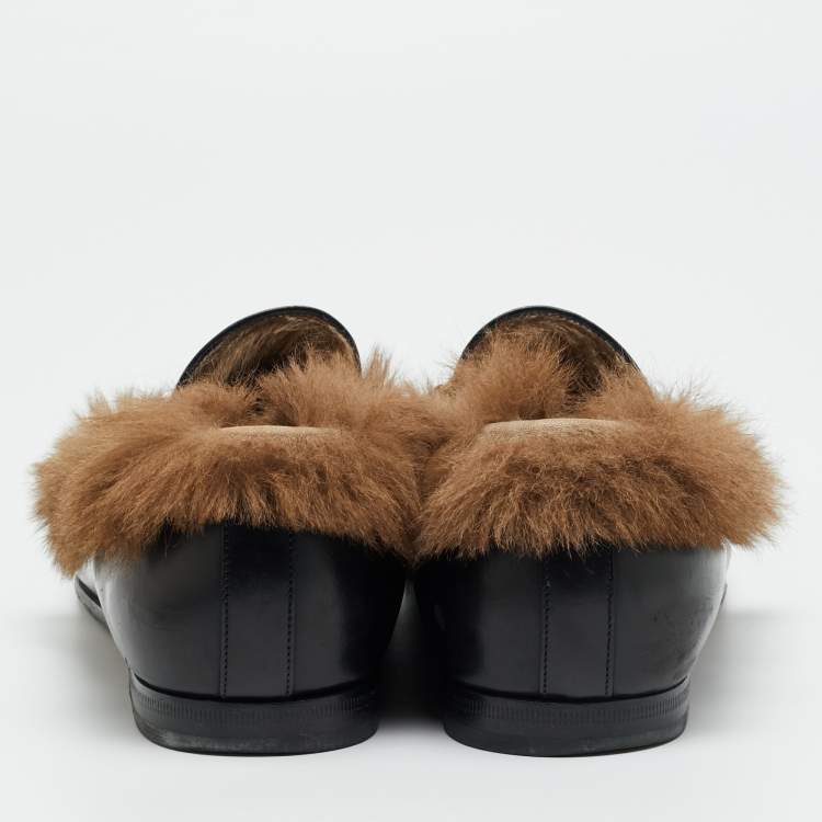 Pre Owned Gucci Princetown Size 42.5 Black Leather and Mink Fur Loafers