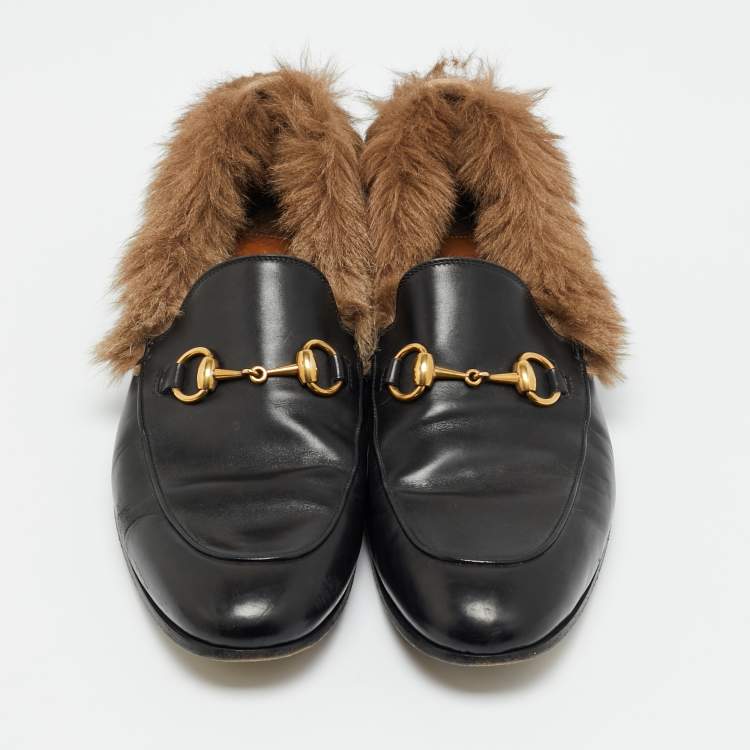 Pre Owned Gucci Princetown Size 42.5 Black Leather and Mink Fur Loafers