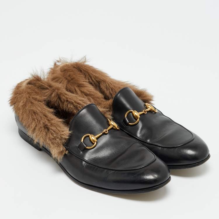 Pre Owned Gucci Princetown Size 42.5 Black Leather and Mink Fur Loafers
