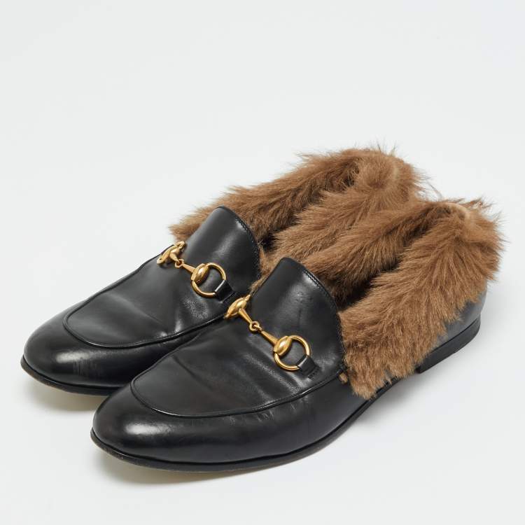 Pre Owned Gucci Princetown Size 42.5 Black Leather and Mink Fur Loafers
