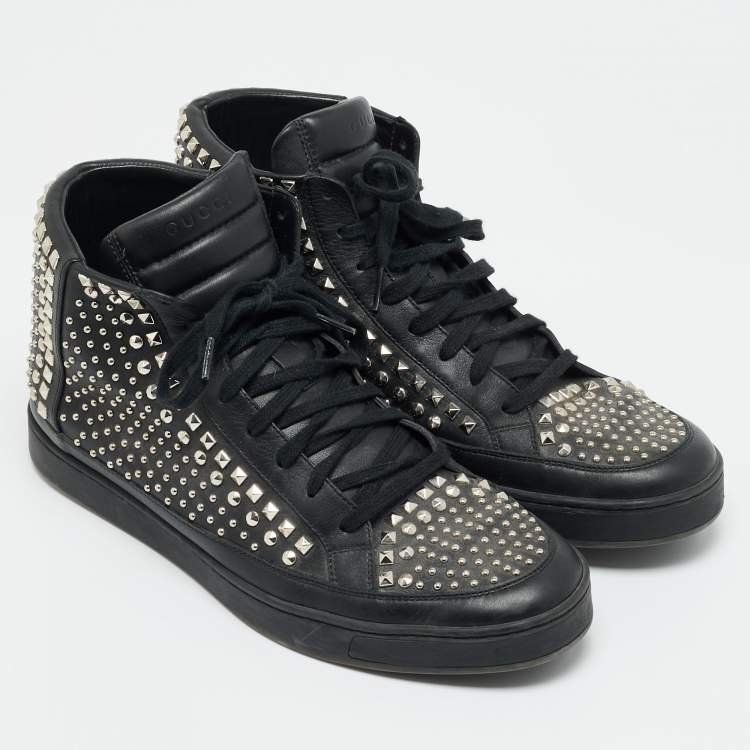 Pre Owned Gucci Studded Size 43.5 Black Leather High Top Sneakers