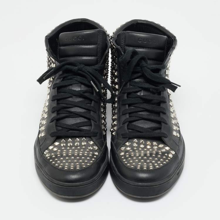 Pre Owned Gucci Studded Size 43.5 Black Leather High Top Sneakers