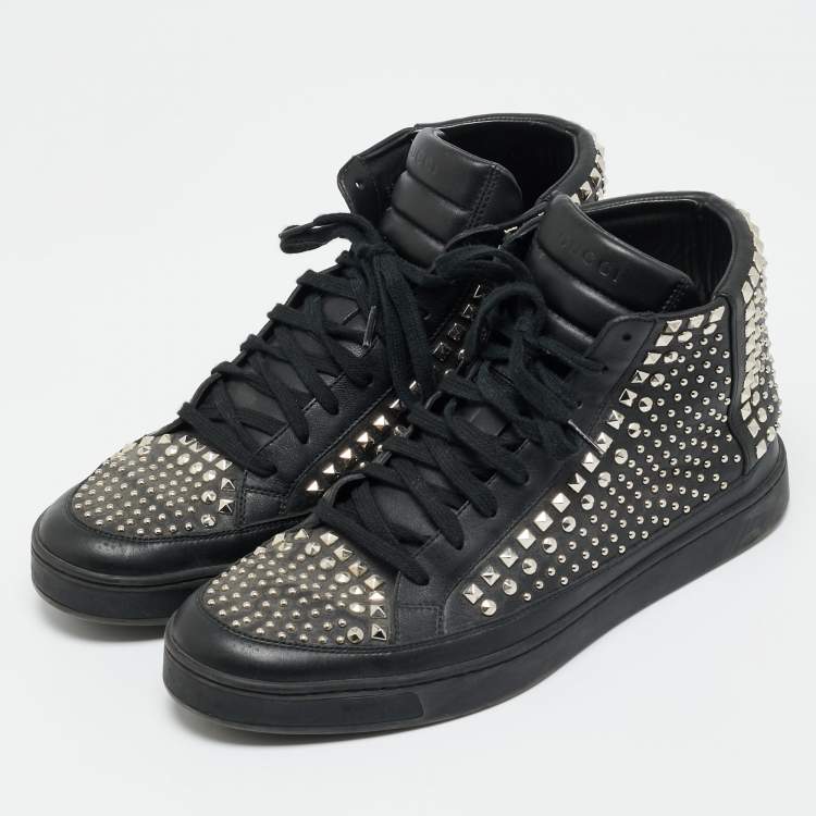 Pre Owned Gucci Studded Size 43.5 Black Leather High Top Sneakers