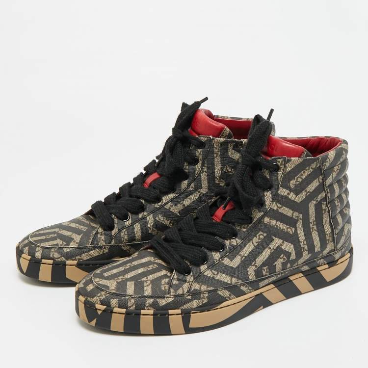 مملوكة مسبقًا Gucci Caleido Size 43.5 Brown Coated Canvas High Top Sneakers