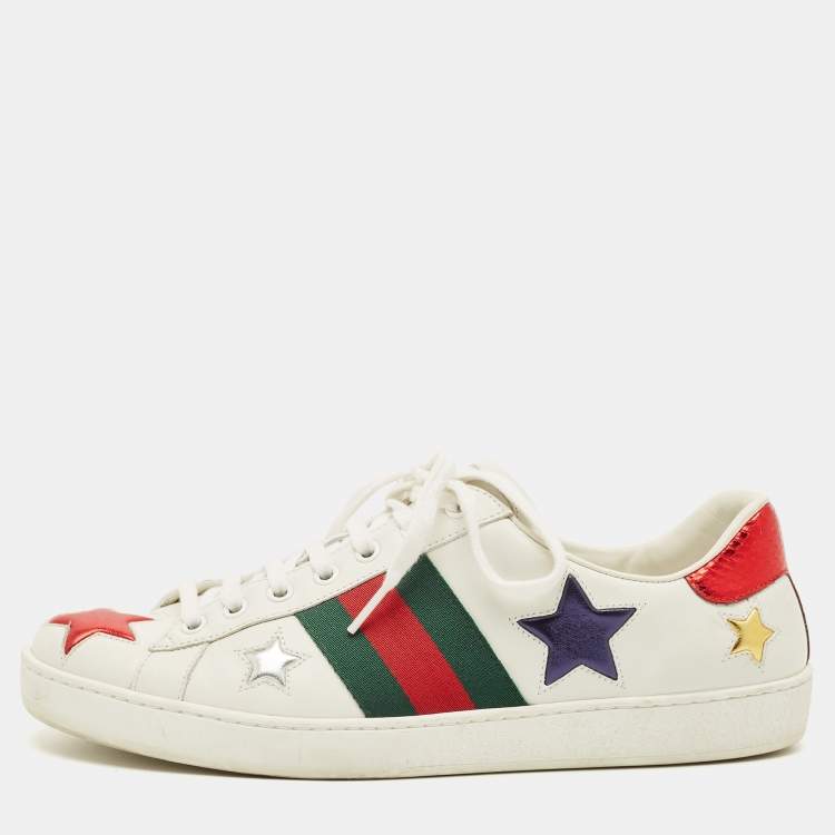 مملوكة مسبقًا Gucci Ace Web Size 42.5 White Leather Metallic Stars Low Top Sneakers
