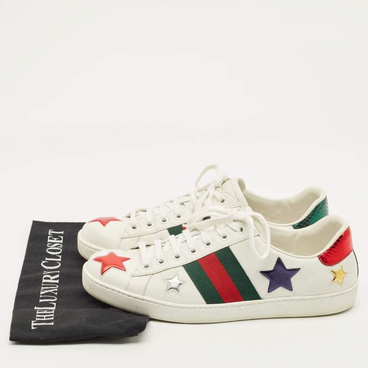 مملوكة مسبقًا Gucci Ace Web Size 42.5 White Leather Metallic Stars Low Top Sneakers