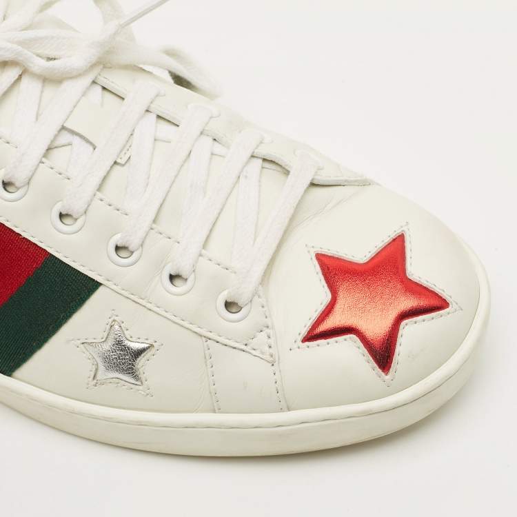 مملوكة مسبقًا Gucci Ace Web Size 42.5 White Leather Metallic Stars Low Top Sneakers