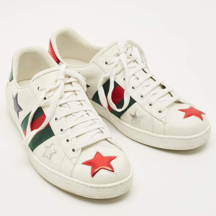 مملوكة مسبقًا Gucci Ace Web Size 42.5 White Leather Metallic Stars Low Top Sneakers