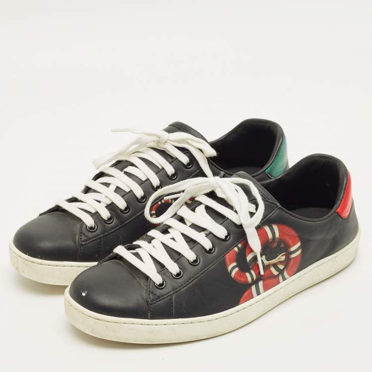 Pre Owned Gucci Ace Size 42.5 Black Leather Kingsnake Print Low Top Sneakers