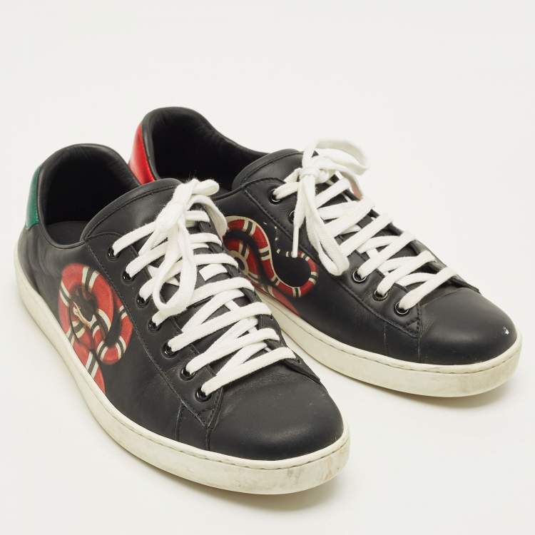 Pre Owned Gucci Ace Size 42.5 Black Leather Kingsnake Print Low Top Sneakers