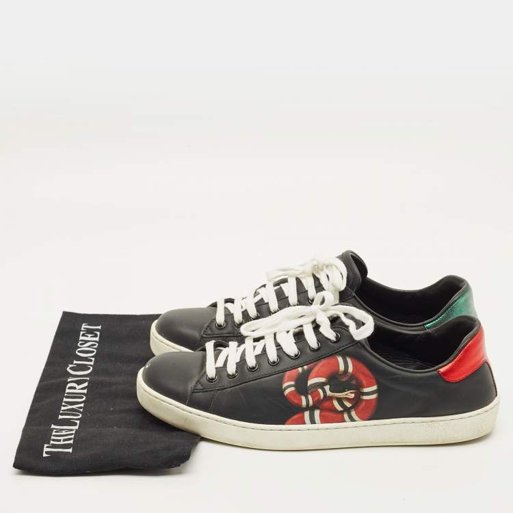 Pre Owned Gucci Ace Size 42.5 Black Leather Kingsnake Print Low Top Sneakers