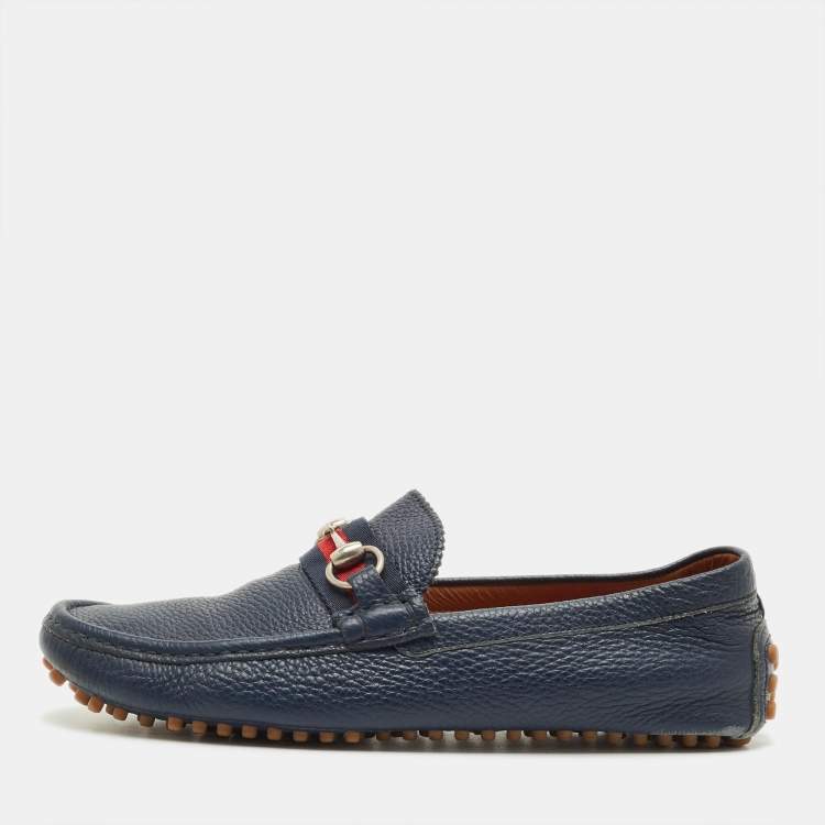 مملوكة مسبقًا Gucci Horsebit Size 41.5 Navy Blue Leather Driver Loafers