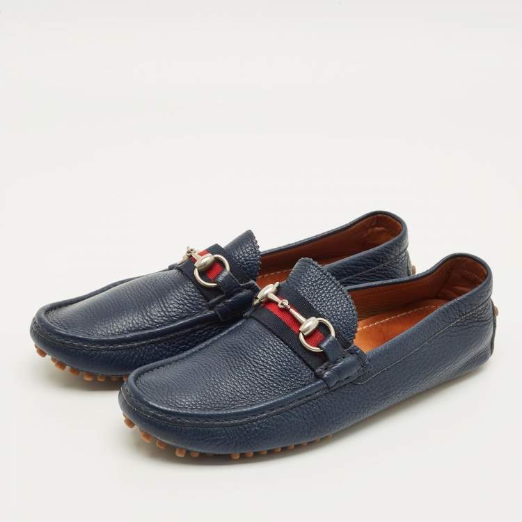 مملوكة مسبقًا Gucci Horsebit Size 41.5 Navy Blue Leather Driver Loafers