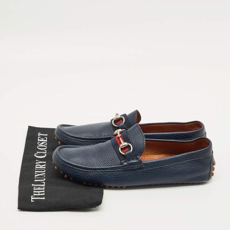 مملوكة مسبقًا Gucci Horsebit Size 41.5 Navy Blue Leather Driver Loafers