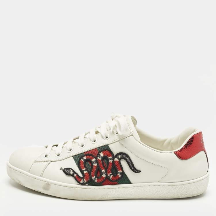 Pre Owned Gucci Ace Size 42.5 White Leather Web Snake Embroidered Lace Up Sneakers