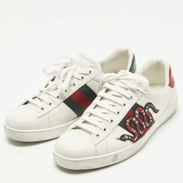 Pre Owned Gucci Ace Size 42.5 White Leather Web Snake Embroidered Lace Up Sneakers