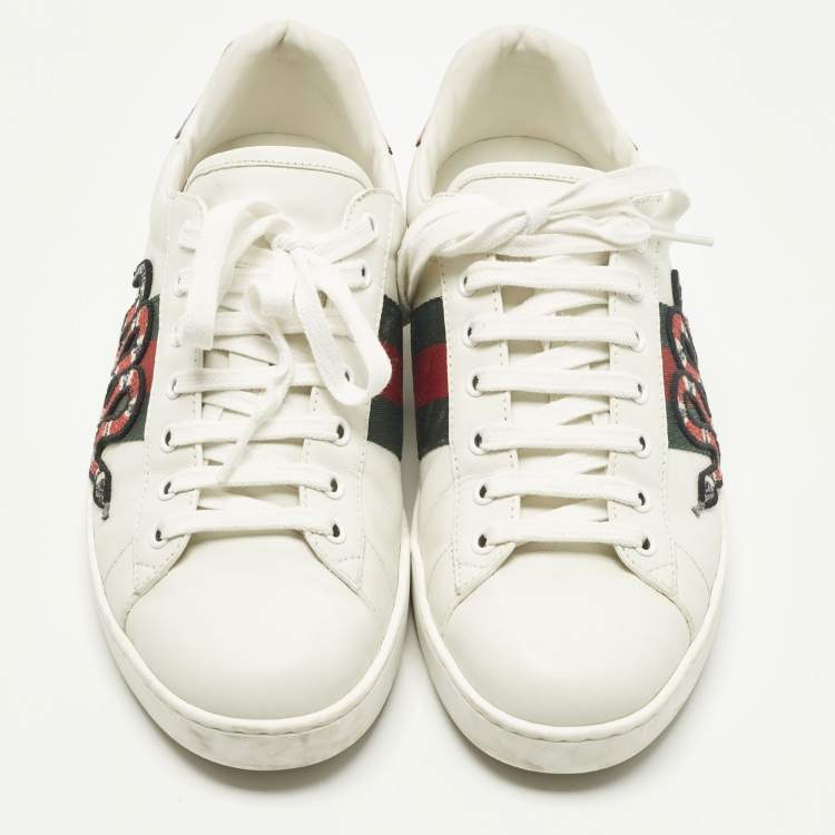 Pre Owned Gucci Ace Size 42.5 White Leather Web Snake Embroidered Lace Up Sneakers